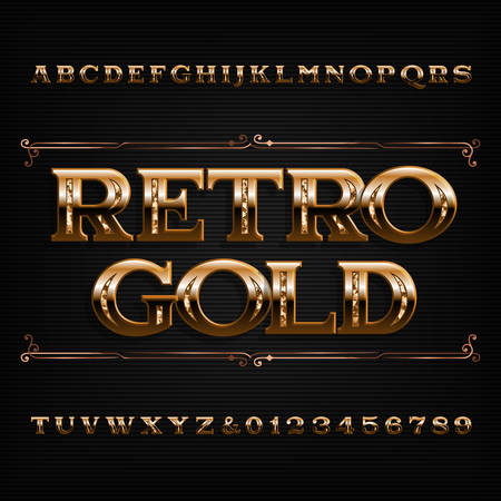 Retro Gold alphabet font. Beveled ornate letters and numbers. Stock vector typescript for your design.のイラスト素材