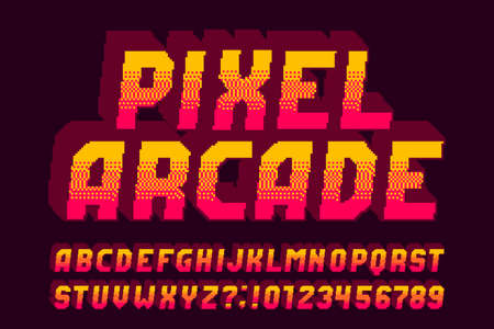 Pixel arcade alphabet font. 3D effect letters, numbers and symbols. 80s video game typeface.のイラスト素材