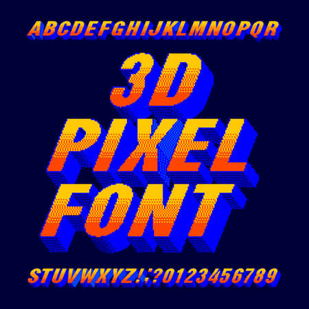 3d pixel alphabet font. Digital gradient letters and numbers. 80s arcade video game typescript.のイラスト素材