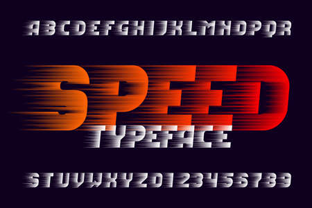 Speed alphabet font. Fast wind effect letters and numbers. Stock vector typeface for your design. Easy color change.のイラスト素材