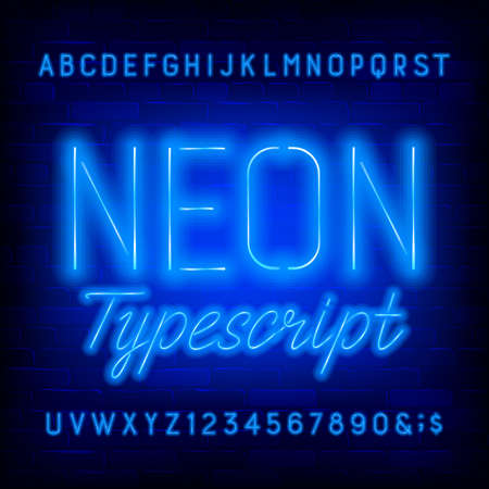 Blue neon alphabet font. Simple light bulb letters and numbers. Stock vector typeface for your typography design.のイラスト素材