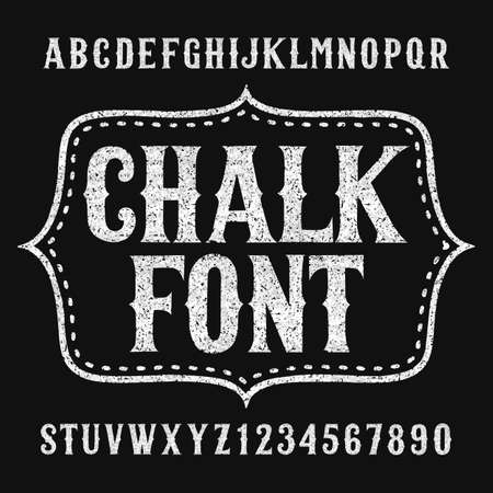 Chalk alphabet font. Hand drawn uppercase letters and numbers. Stock vector typeface.のイラスト素材