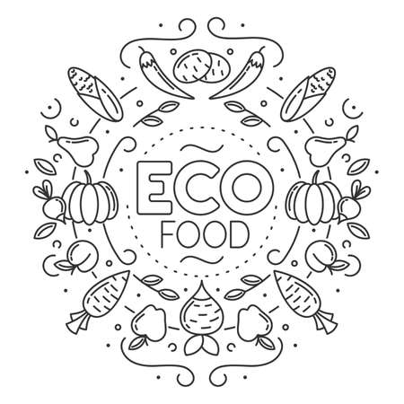 Eco food. Set of different fruits and vegetables icons on white background. Stock vector illustration.のイラスト素材