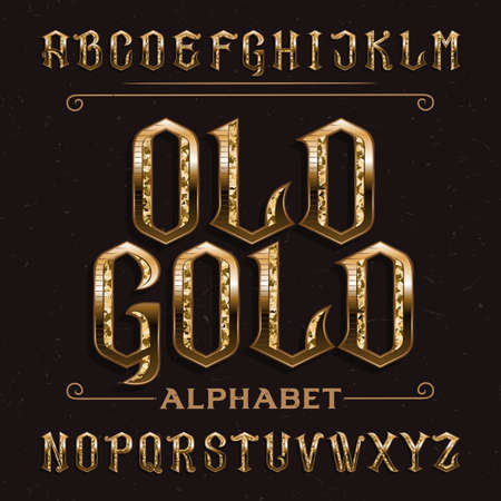 Old Gold alphabet font. Vintage ornate golden letters on distressed background. Stock vector typescript for your design.のイラスト素材
