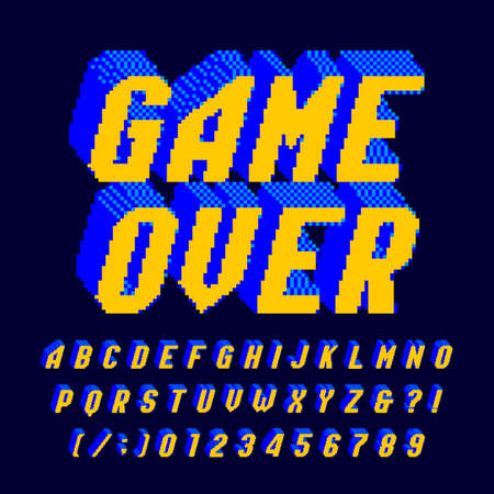 Game Over alphabet font. Digital pixel letters and numbers. 80s arcade video game typescript.のイラスト素材