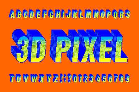 3D pixel alphabet font. Digital pixel letters and numbers. 80s arcade video game typescript.のイラスト素材