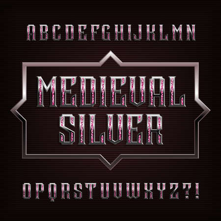Medieval Silver alphabet font. Ornate metal letters and numbers with gemstones. Stock vector typeface for your design.のイラスト素材