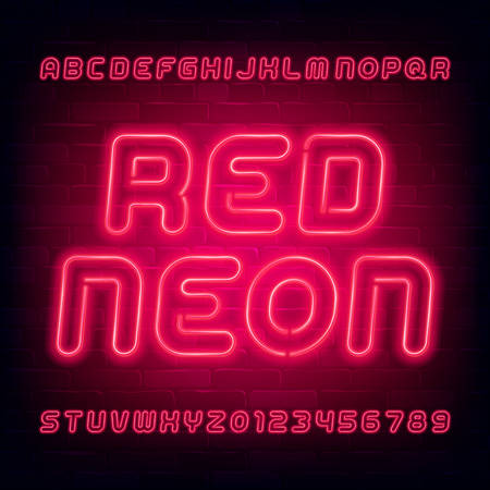 Red neon alphabet font. Light bulb uppercase letters and numbers. Stock vector typeface for your typography design.のイラスト素材