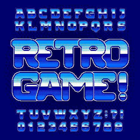Retro Game alphabet font. Digital pixel gradient letters and numbers. 80s arcade video game typescript.のイラスト素材