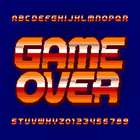Game Over alphabet font. Digital pixel gradient letters and numbers. 80s retro arcade video game typeface.のイラスト素材