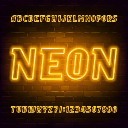Yellow neon alphabet font. Light bulb modern oblique letters and numbers. Stock vector typeface for your typography design.のイラスト素材
