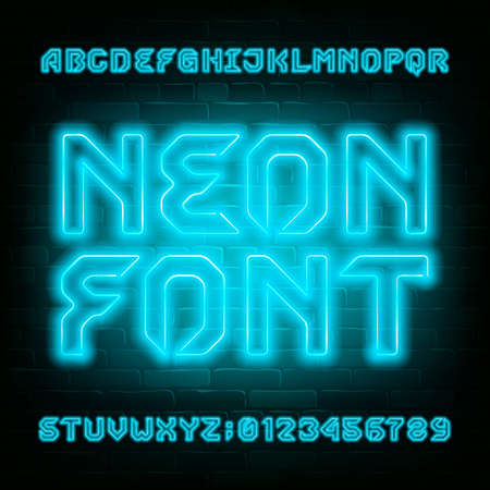 Light blue neon alphabet font. Futuristic light bulb capital letters and numbers. Stock vector typescript for your typography design.のイラスト素材