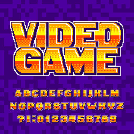 Video Game alphabet font. Digital pixel gradient letters and numbers. 80s retro arcade video game typescript.のイラスト素材