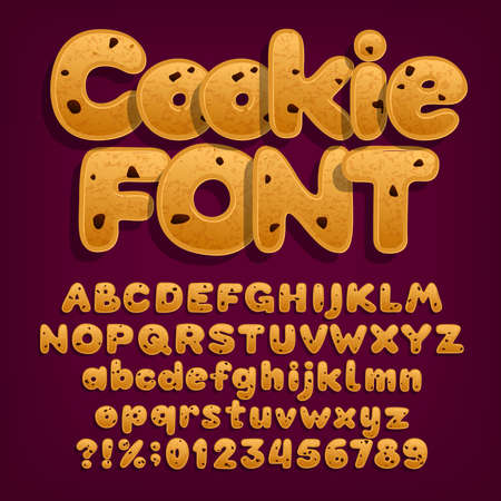 Chocolate cookie alphabet font. Uppercase and lowercase dessert letters. Letters, numbers and symbols with chocolate chips. Stock vector illustration.のイラスト素材