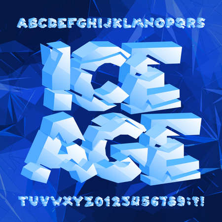 Ice age alphabet font. Frozen 3d letters and numbers on blue polygonal background. Stock vector typeface for your typography design.のイラスト素材