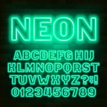 Green neon alphabet font. Retro light bulb capital letters and numbers. Brick wall background. Stock vector typescript for your typography design.のイラスト素材