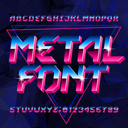 80s Metal alphabet font. Letters, numbers and symbols on abstract background. Stock vector typescript for your design in retro 80s style.のイラスト素材