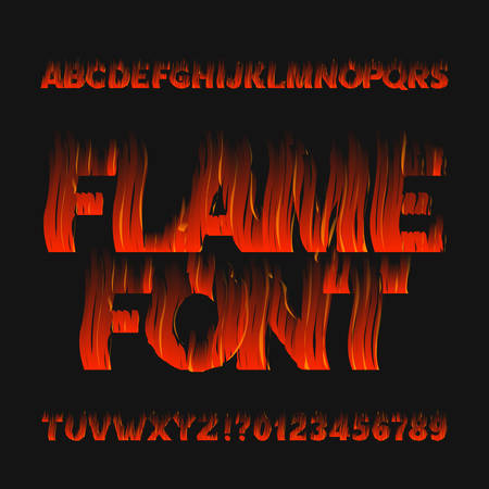 Flame alphabet font. Fire effect letters and numbers on dark background. Stock vector typeface for your design.のイラスト素材