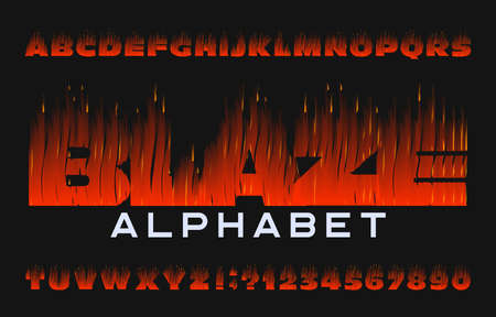 Blaze alphabet font. Flame effect type letters and numbers on dark background. Stock vector typeface for your design.のイラスト素材