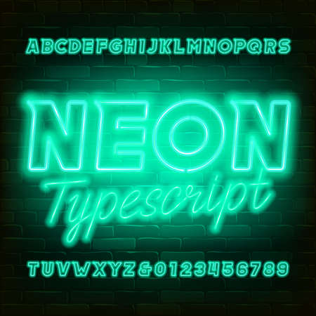 Green neon alphabet font. Modern light bulb capital letters and numbers. Stock vector typeface for your typography design.のイラスト素材