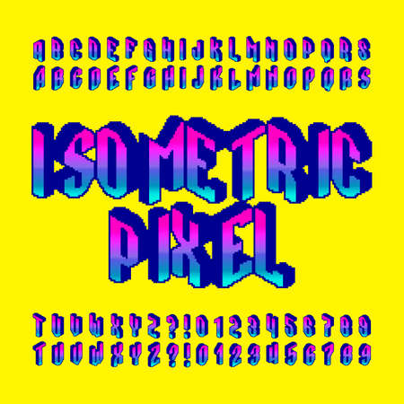 3d isometric pixel alphabet font. Digital gradient letters and numbers. 80s arcade video game typescript.のイラスト素材