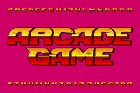 Arcade Game alphabet font. Digital pixel colorful letters and numbers. 80s retro video game typescript.のイラスト素材