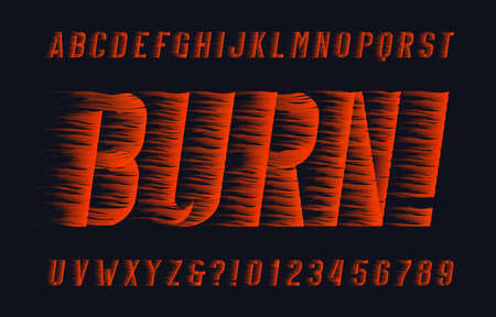 Burn alphabet font. Flame effect type letters and numbers on dark background. Stock vector typescript for your design.のイラスト素材