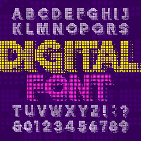 Digital alphabet font. Pixel letters and numbers in green color. 80s retro arcade video game typeface.のイラスト素材