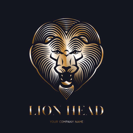 Golden lion head logo or icon. Roaring animal head. Stock vector emblem.のイラスト素材