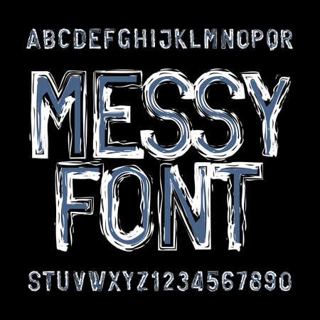 Messy alphabet font. Distressed type letters and numbers. Vector typeface for your design.のイラスト素材