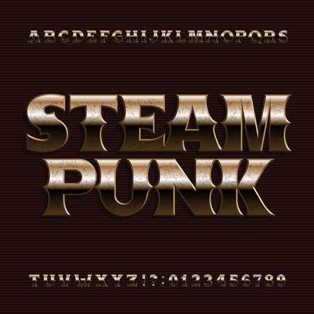Steampunk alphabet font. Vintage copper letters and numbers. Stock vector typeface for your design.のイラスト素材