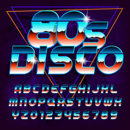 80s Disco alphabet font. Letters, numbers and symbols on abstract background. Stock vector typeface for your typography in retro 80s style.のイラスト素材