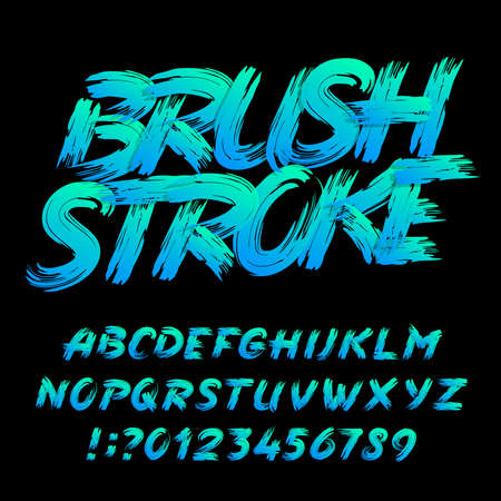 Brush stroke alphabet font. Uppercase handwritten messy letters and numbers. Stock vector typeface for your design.のイラスト素材