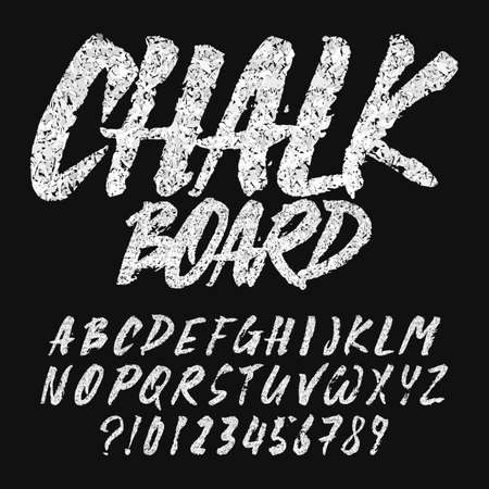Chalk alphabet font with catchwords. Handwritten uppercase letters and numbers. Stock vector typeface.のイラスト素材