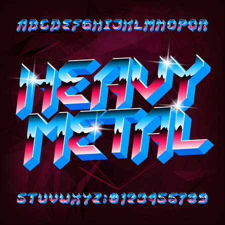 3D Heavy Metal alphabet font. Metal effect shiny letters and numbers in 80s style. Stock vector typeface for your design.のイラスト素材