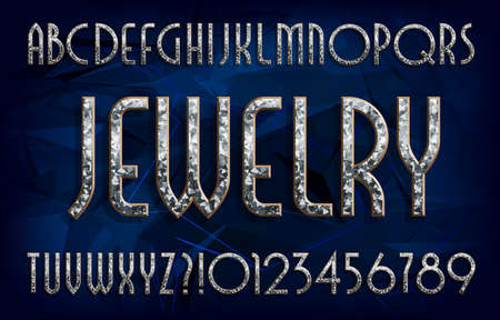 Jewelry alphabet font. Art deco golden letters and numbers with diamond gemstone. Stock vector typeface for your design.のイラスト素材