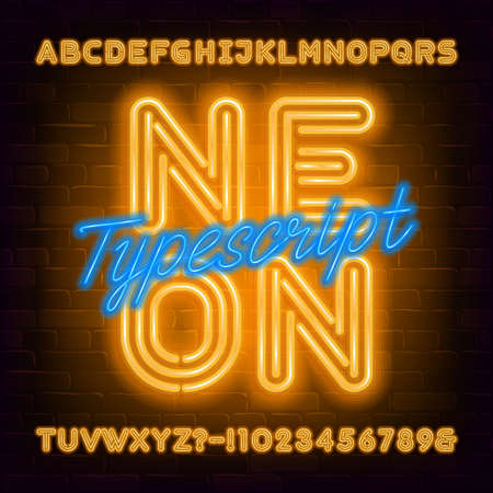 Neon alphabet font. Yellow neon bold letters and numbers on brick wall background. Stock vector typeface for your typography design.のイラスト素材