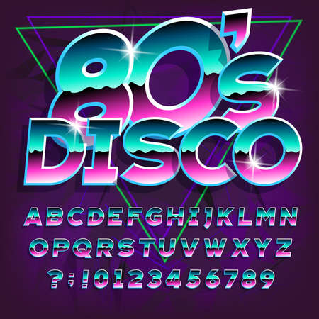 80s Disco alphabet font. Letters and numbers on dark abstract background. Stock vector typescript for your typography in retro 80s style.のイラスト素材