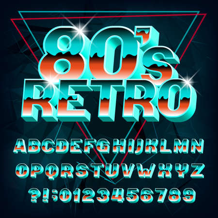 80s Retro alphabet font. 3D effect letters and numbers on abstract background. Stock vector typeface for your typography in retro 80s style.のイラスト素材