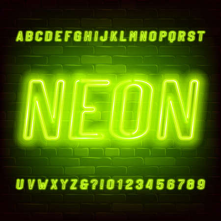 Neon alphabet font. Bright neon oblique letters and numbers on brick wall background. Stock vector typescript for your typography design.のイラスト素材
