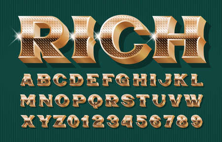 Rich alphabet font. 3D Luxury vintage golden letters and numbers. Stock vector typescript for your design.のイラスト素材