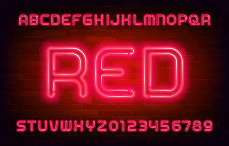 Red neon alphabet font. Bright neon letters and numbers on brick wall background. Stock vector typescript for your typography design.のイラスト素材