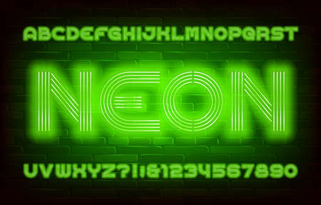 Neon alphabet font. Bright neon letters and numbers in70s style. Stock vector typescript for your typography design.のイラスト素材
