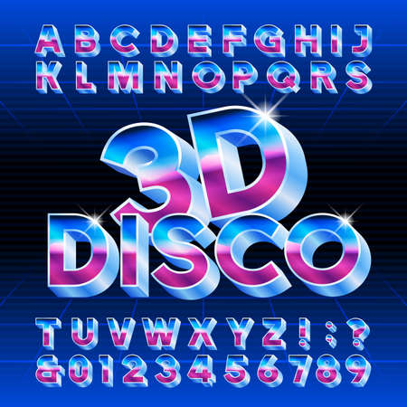 3D Disco alphabet font. Letters, numbers and symbols. Stock vector typescript for typography in...