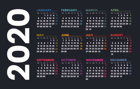Calendar 2020 vector template. Week starts on Monday. Colorful grid on a dark background.のイラスト素材
