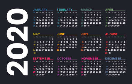 Calendar 2020 vector template. Week starts on Sunday. Colorful grid on a dark background.のイラスト素材
