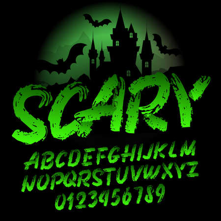 Scary alphabet font. Brush stroke letters and numbers. Handwritten vector typography for your design.のイラスト素材
