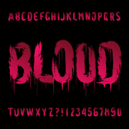 Blood alphabet font. Hand drawn bloody letters and numbers. Stock vector Halloween typescript.のイラスト素材