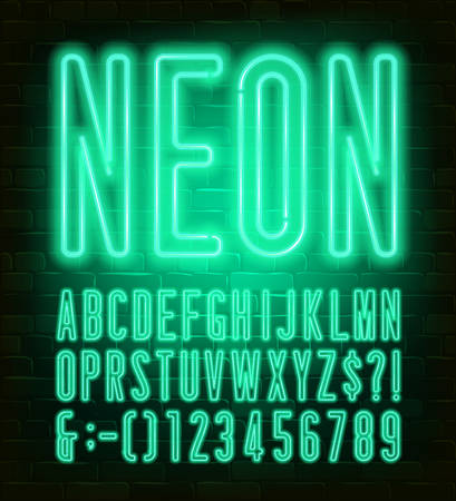 Neon alphabet font. Condensed neon light letters and numbers on brick wall background. Stock vector typescript for your typography design.のイラスト素材