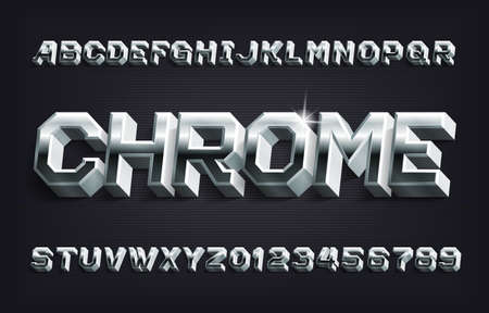Chrome alphabet font. 3D Metallic letters and numbers with shadow. Stock vector typescript for your design.のイラスト素材